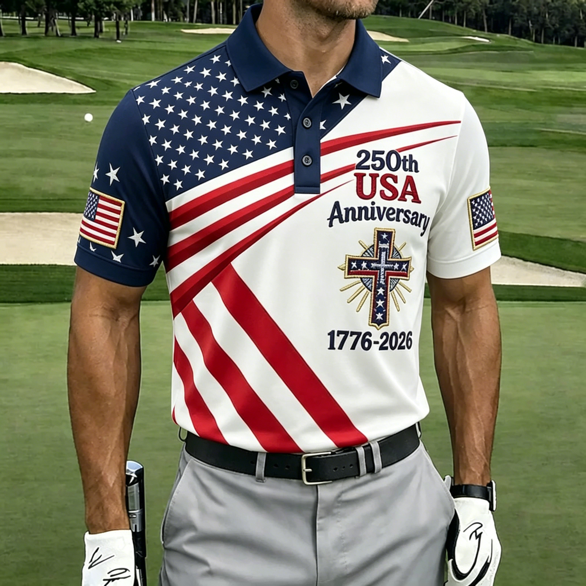 250th Faith Cross Split Star Stripe Print Contrast Collar Golf Polo Shirt for Men