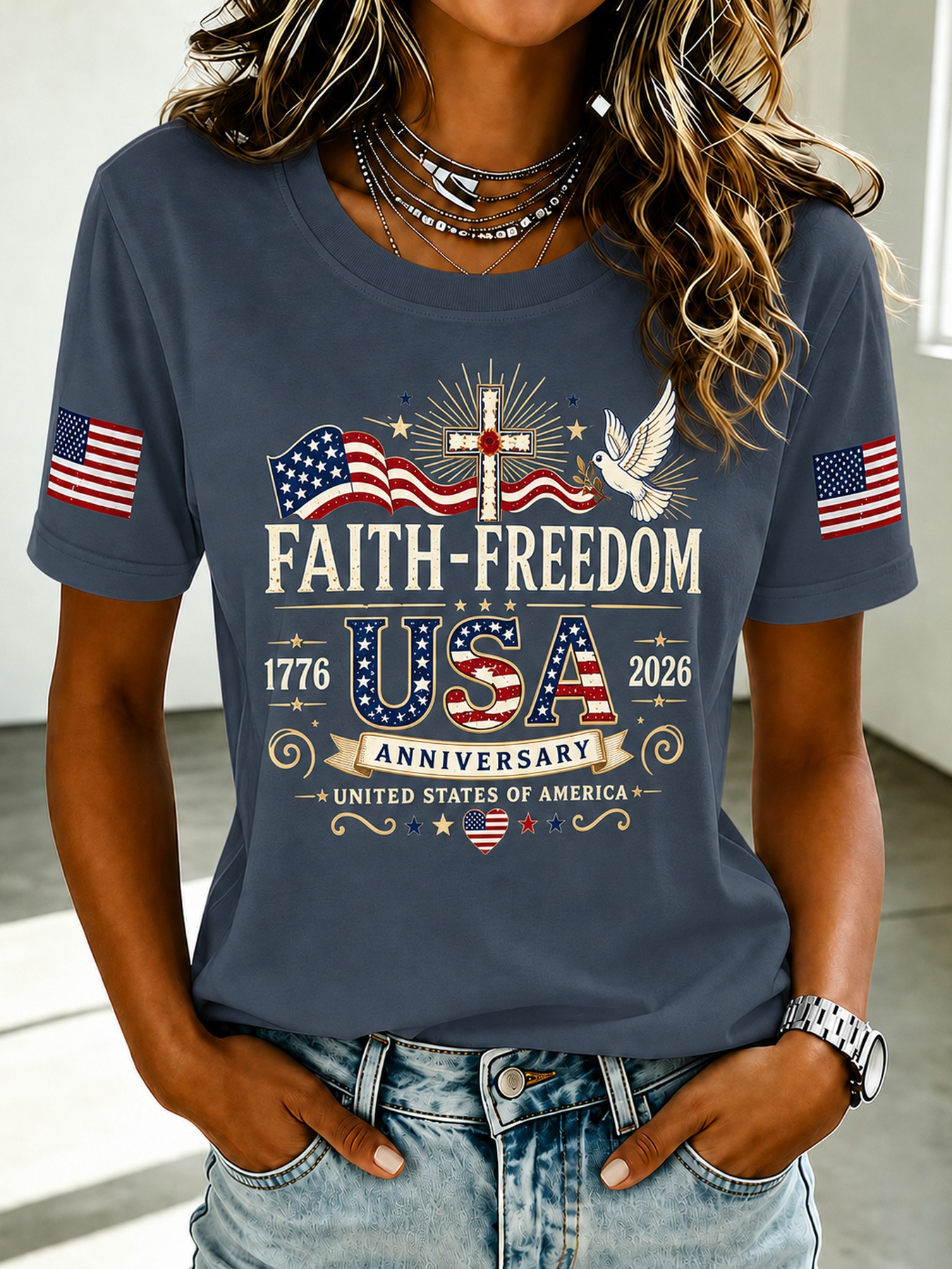 Faith Freedom Cross Dove Dual Flag Sleeve Patriotic Crew Neck T-Shirt for Women