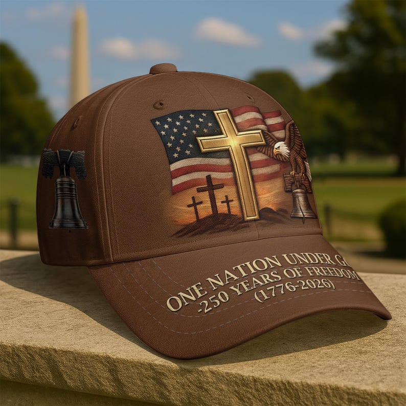 One Nation Under God Cross Liberty Bell Eagle US Flag Patriotic Adjustable Washed Cotton Baseball Cap