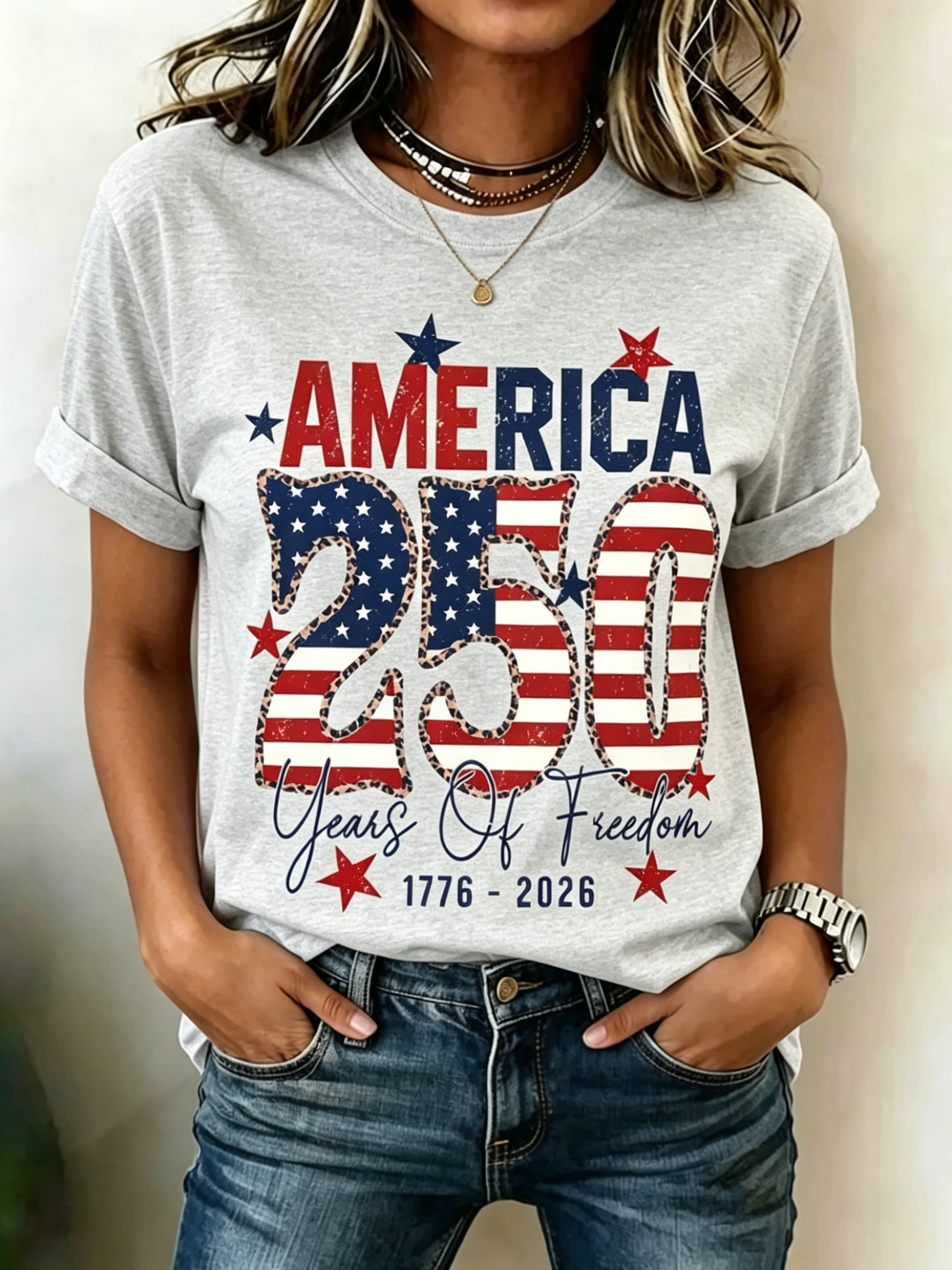 250 Years Of Freedom Leopard Flag Star Print Crew Neck Casual Patriotic Short Sleeve Tee