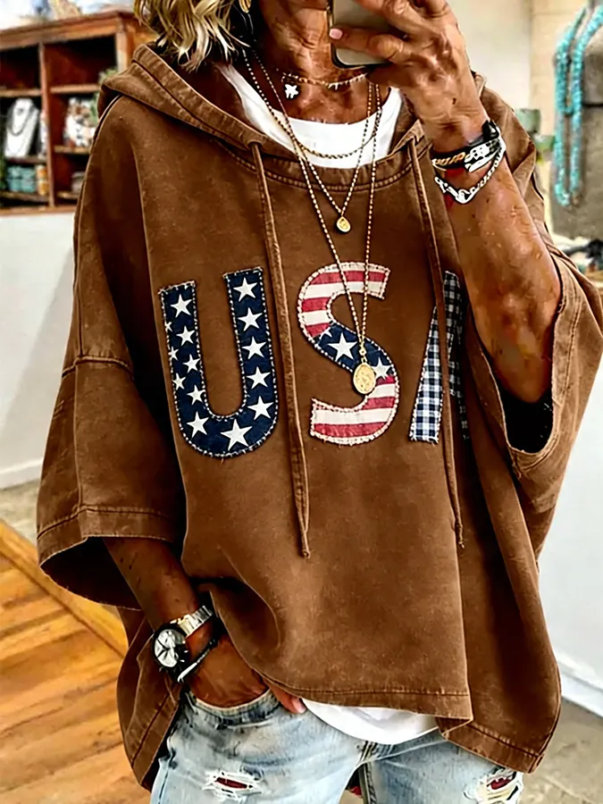 Patchwork USA Letter Applique Hooded Oversized Short Sleeve Hoodie