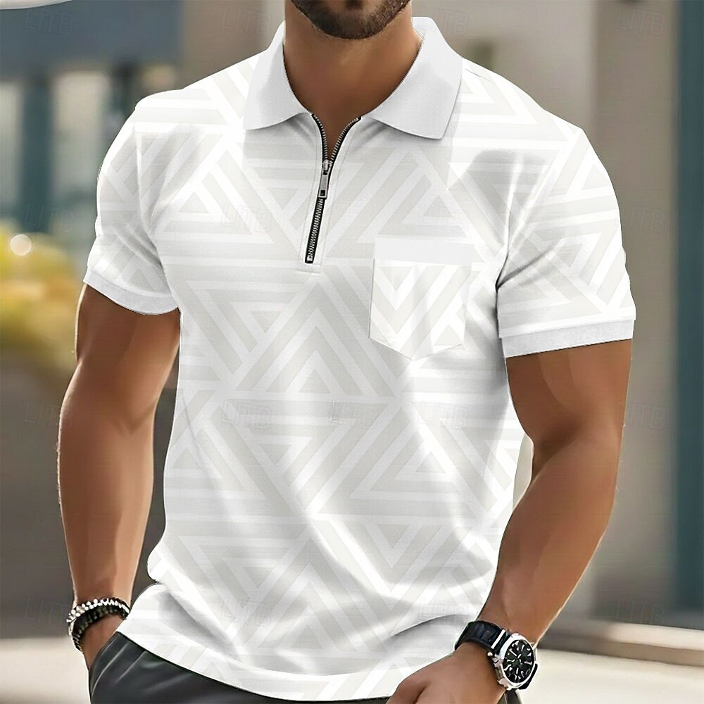 Geometric Triangle Print Zip Collar Pocket Short Sleeve Polo Shirt for Men