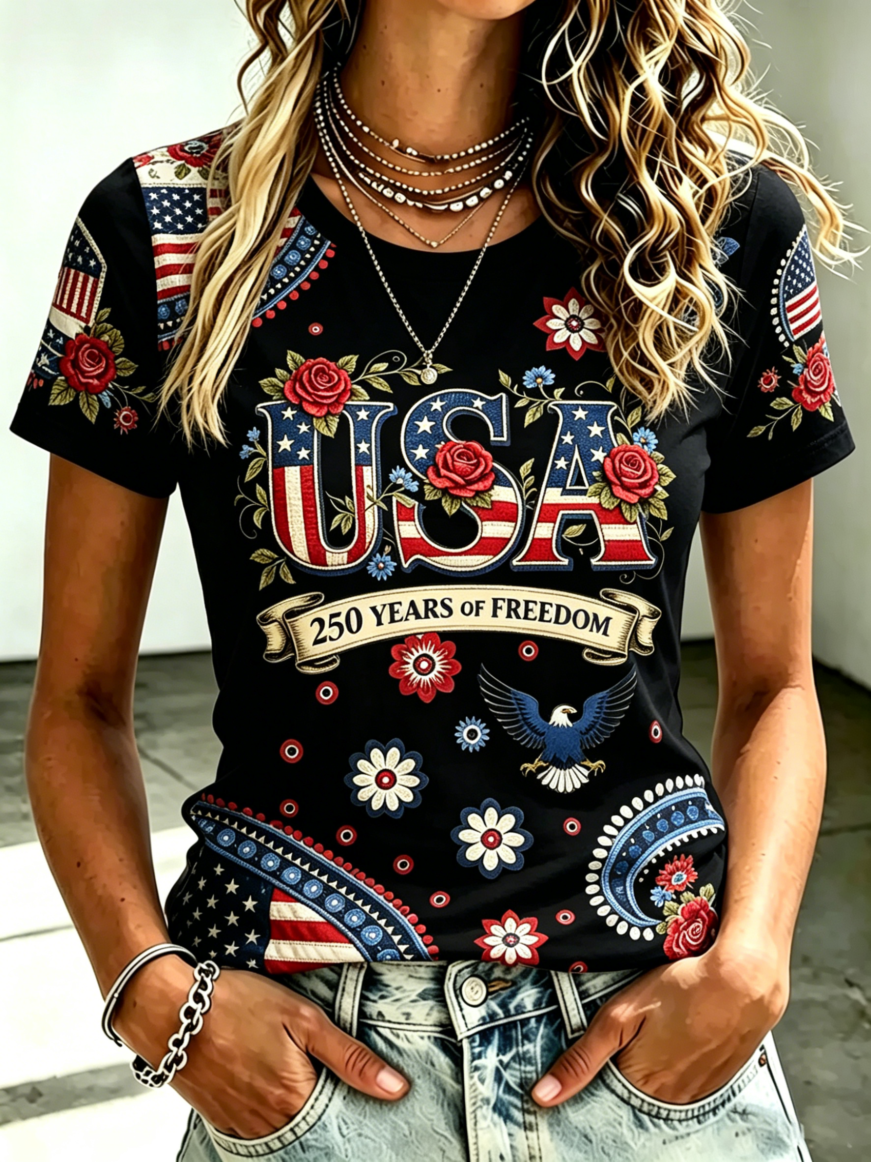 250 Freedom Floral Eagle USA Full Print Crew Neck Patriotic T-Shirt for Women