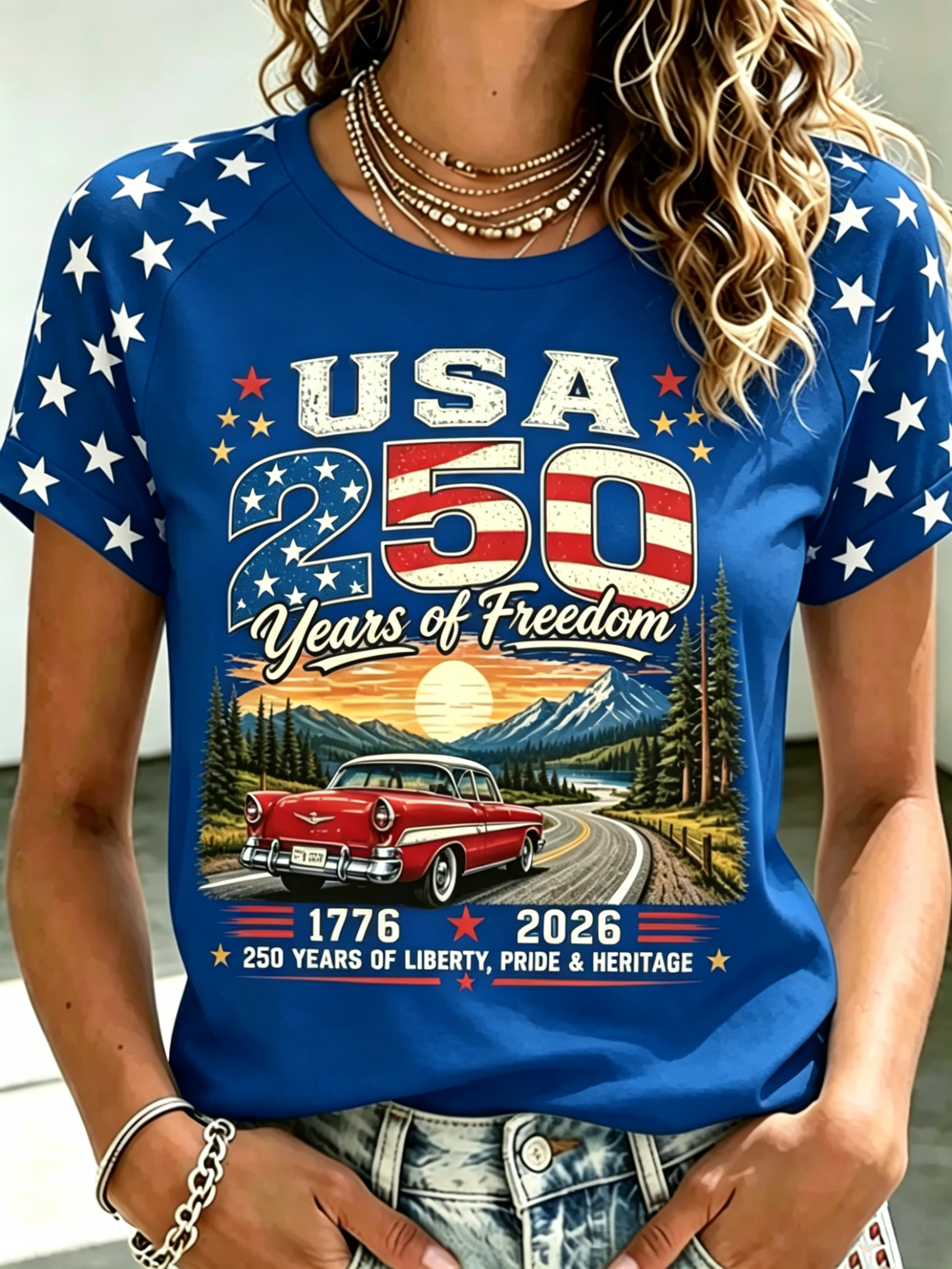 Vintage Mountain Classic Car Star Raglan Sleeve Patriotic Crew Neck T-Shirt for Women