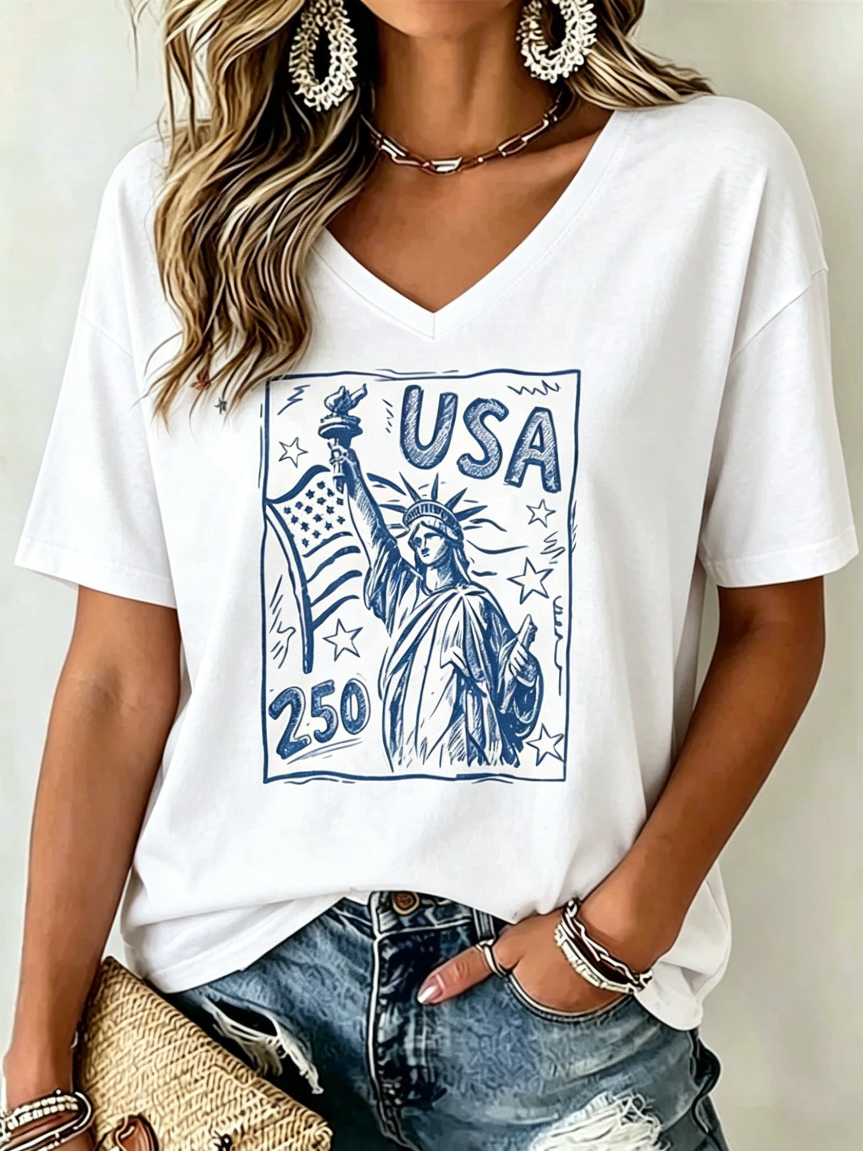 Vintage Newspaper Frame Sketch Statue Of Liberty USA 250th Anniversary Patriotic Print V Neck Oversized Women Basic T-Shirt