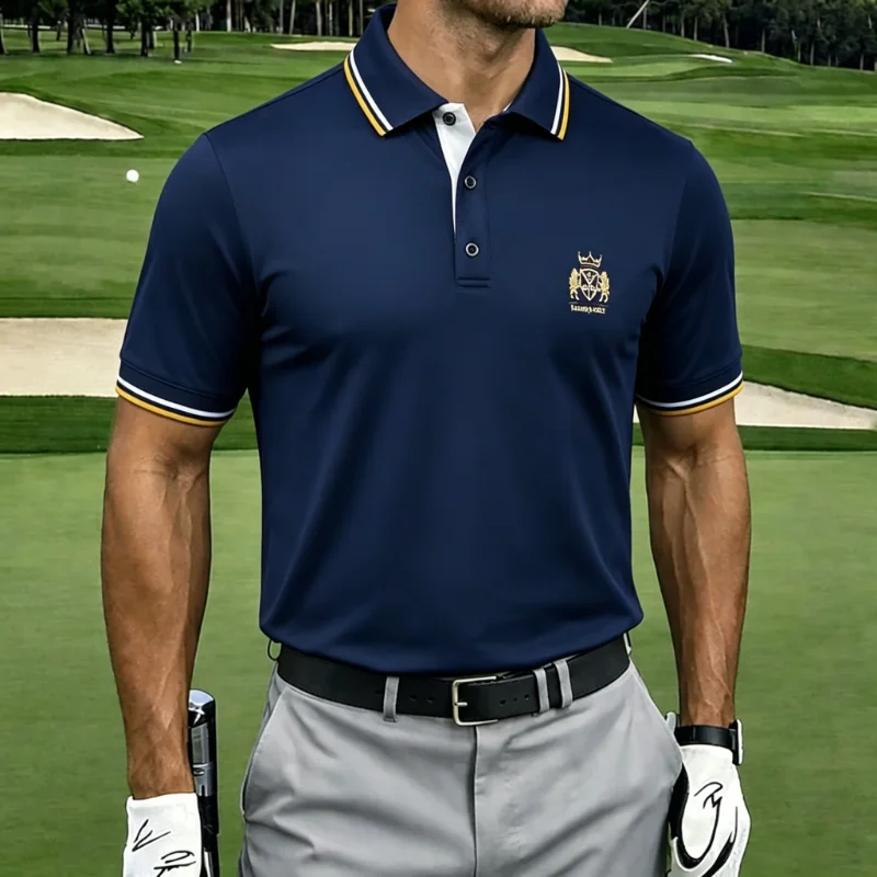 Men’s Collared Short Sleeve Striped Trim Embroidered Crest Moisture Wicking Golf Polo Shirt