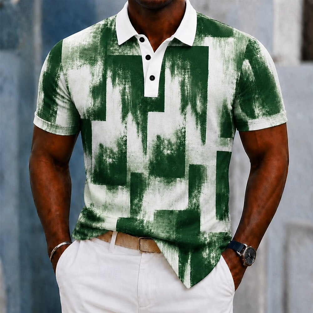 Distressed Block Brush Print Contrast Collar Polo Shirt for Men