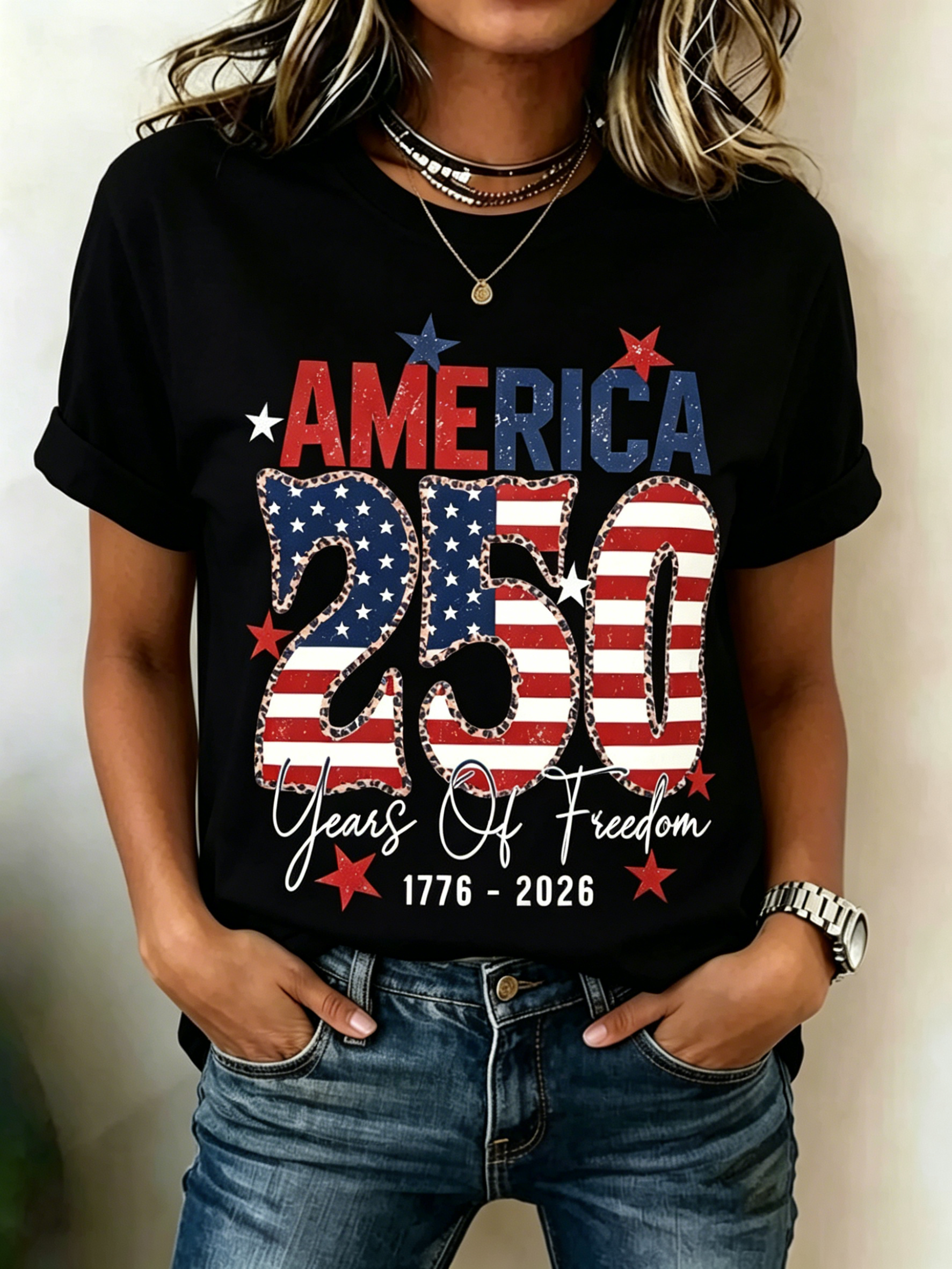 250 Years Of Freedom Leopard Flag Star Print Crew Neck Casual Patriotic Short Sleeve Tee