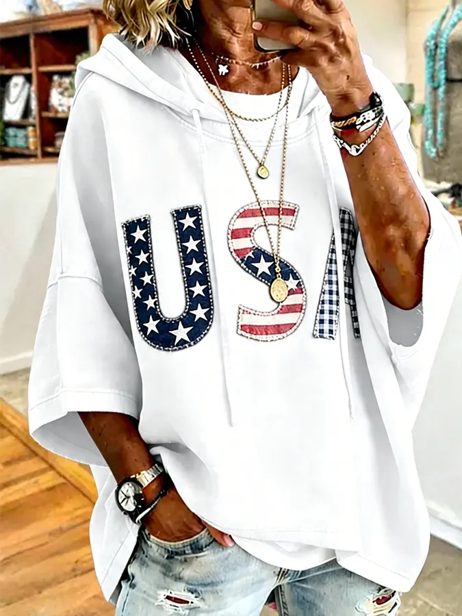 Patchwork USA Letter Applique Hooded Oversized Short Sleeve Hoodie