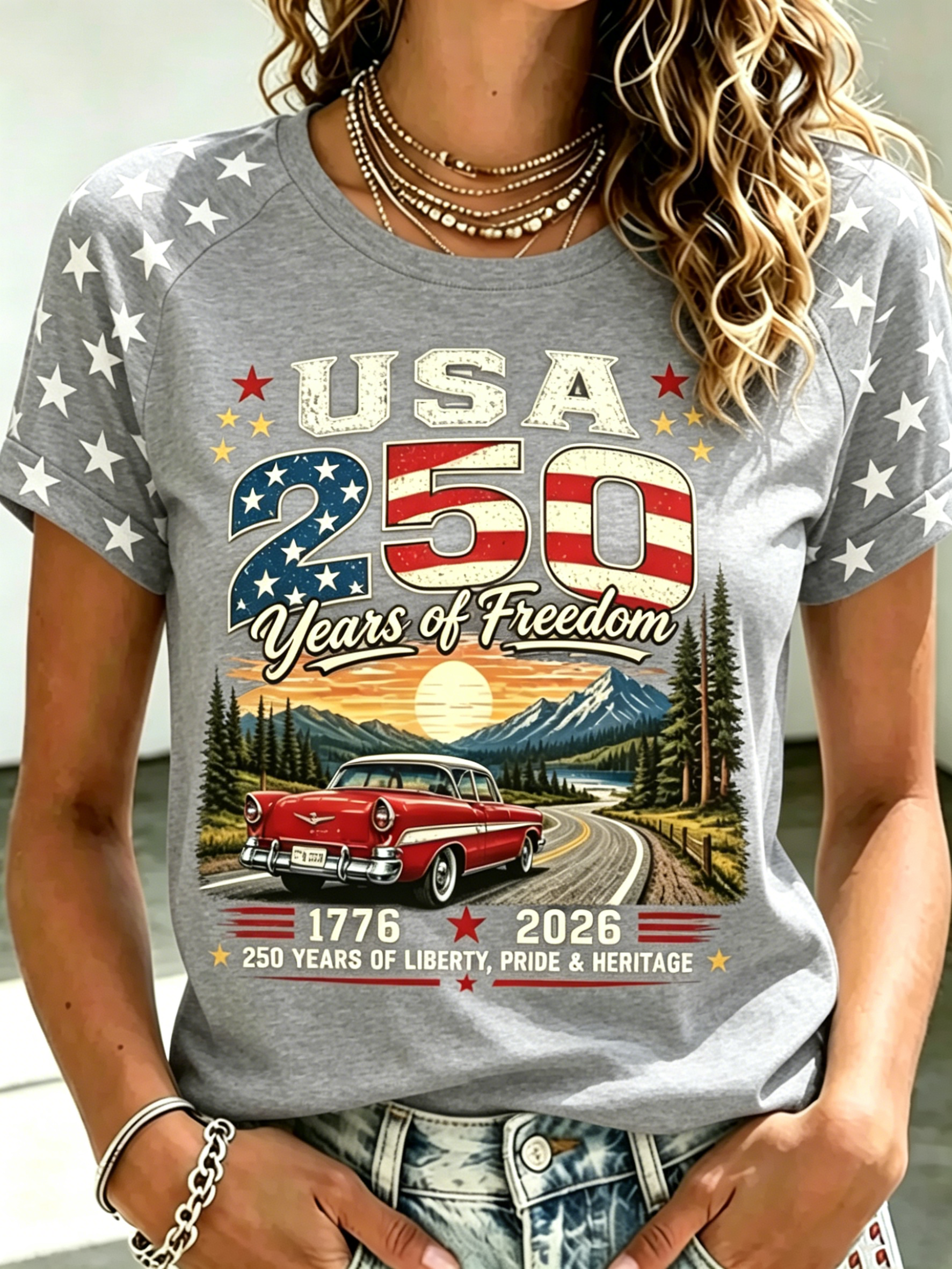 Vintage Mountain Classic Car Star Raglan Sleeve Patriotic Crew Neck T-Shirt for Women
