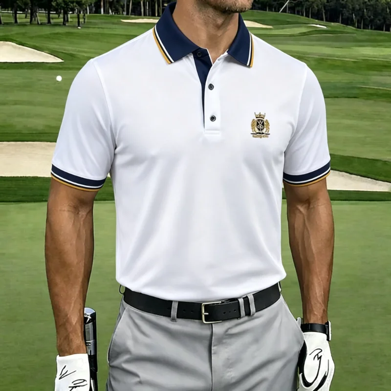 Men’s Collared Short Sleeve Striped Trim Embroidered Crest Moisture Wicking Golf Polo Shirt