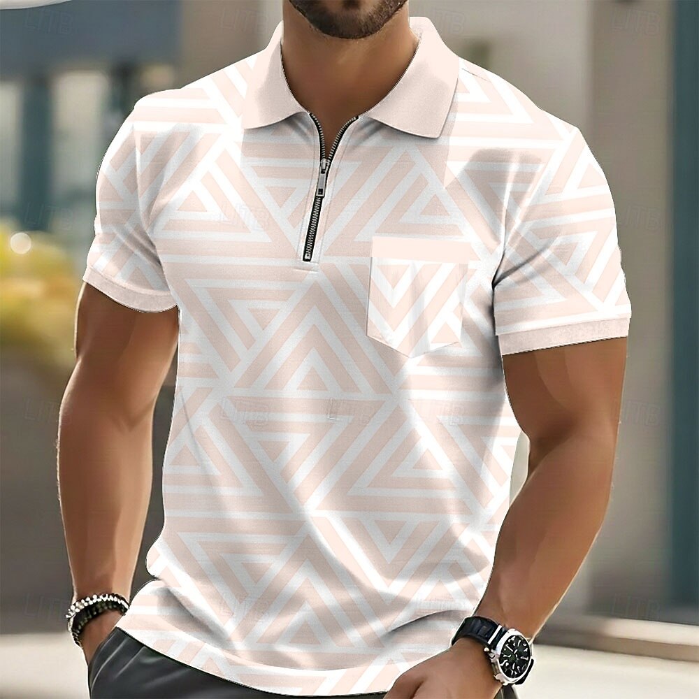 Geometric Triangle Print Zip Collar Pocket Short Sleeve Polo Shirt for Men