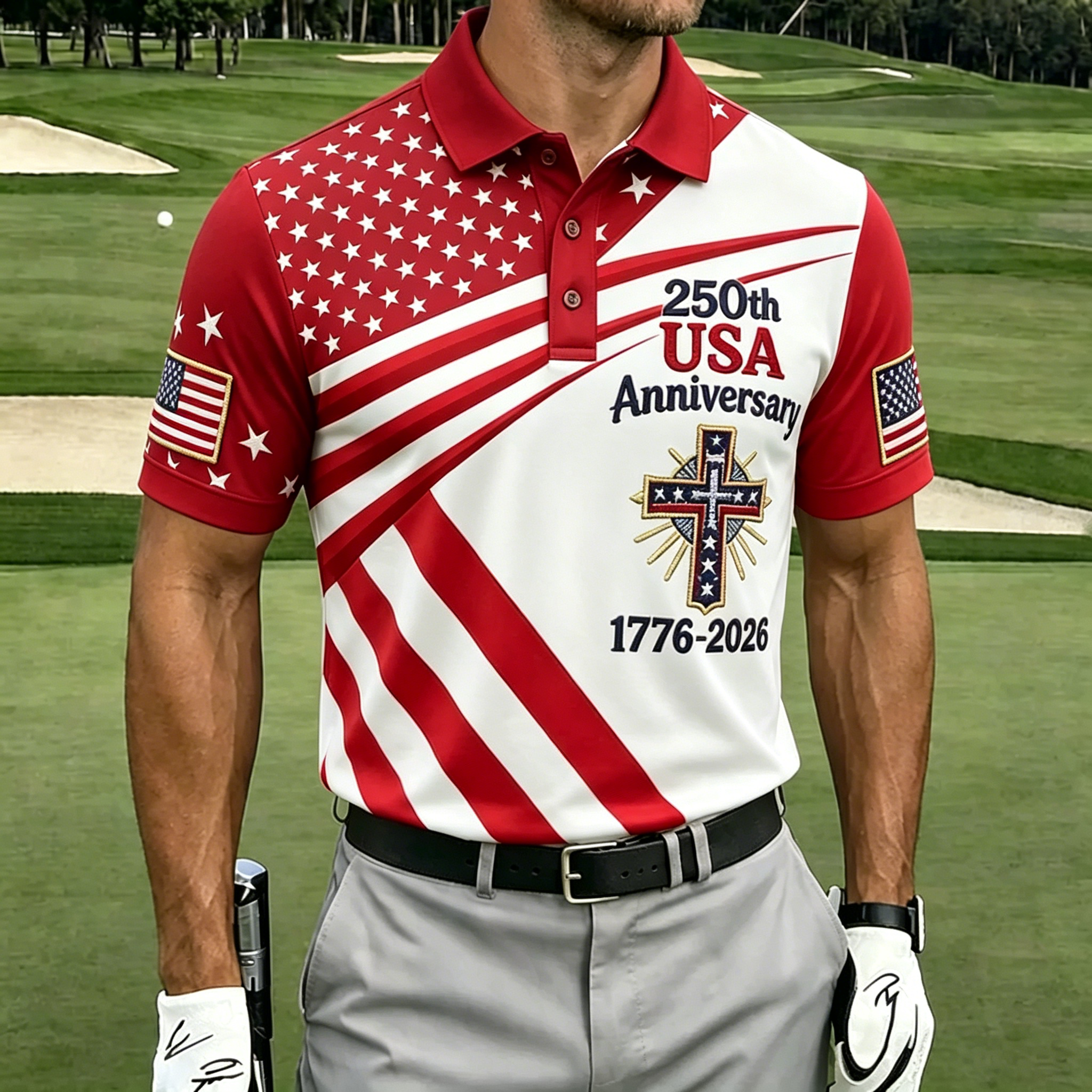 250th Faith Cross Split Star Stripe Print Contrast Collar Golf Polo Shirt for Men