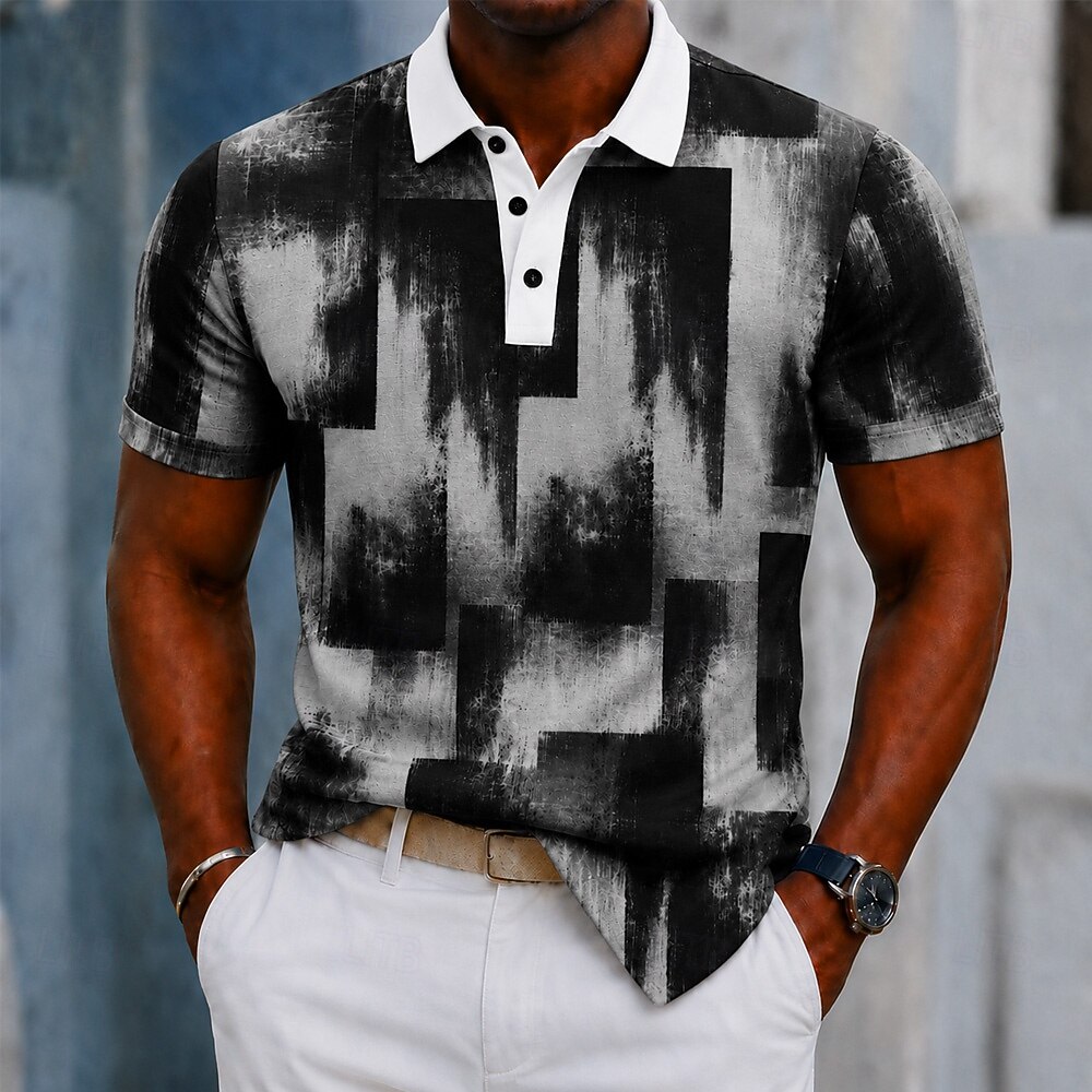 Distressed Block Brush Print Contrast Collar Polo Shirt for Men