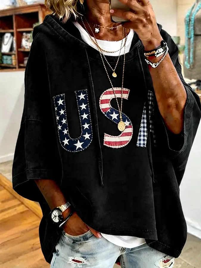 Patchwork USA Letter Applique Hooded Oversized Short Sleeve Hoodie
