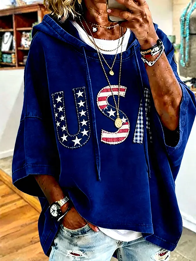 Patchwork USA Letter Applique Hooded Oversized Short Sleeve Hoodie