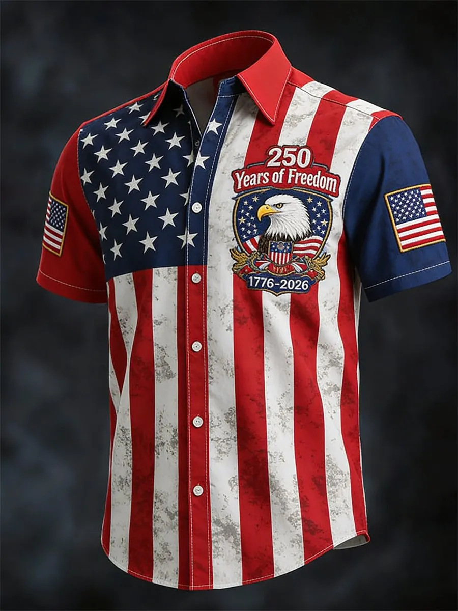 USA 250th Anniversary Denim Button-Down Shirt – Vintage American Flag & Eagle Print, Patriotic Short Sleeve Casual Top