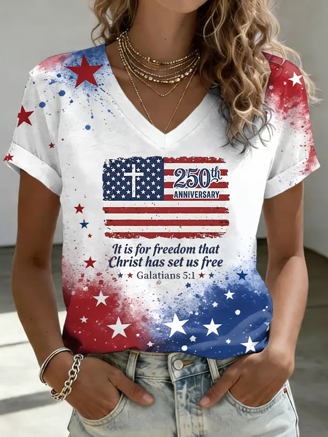 250th Cross Flag Bible Splash Star V Neck Faith T-Shirt for Women
