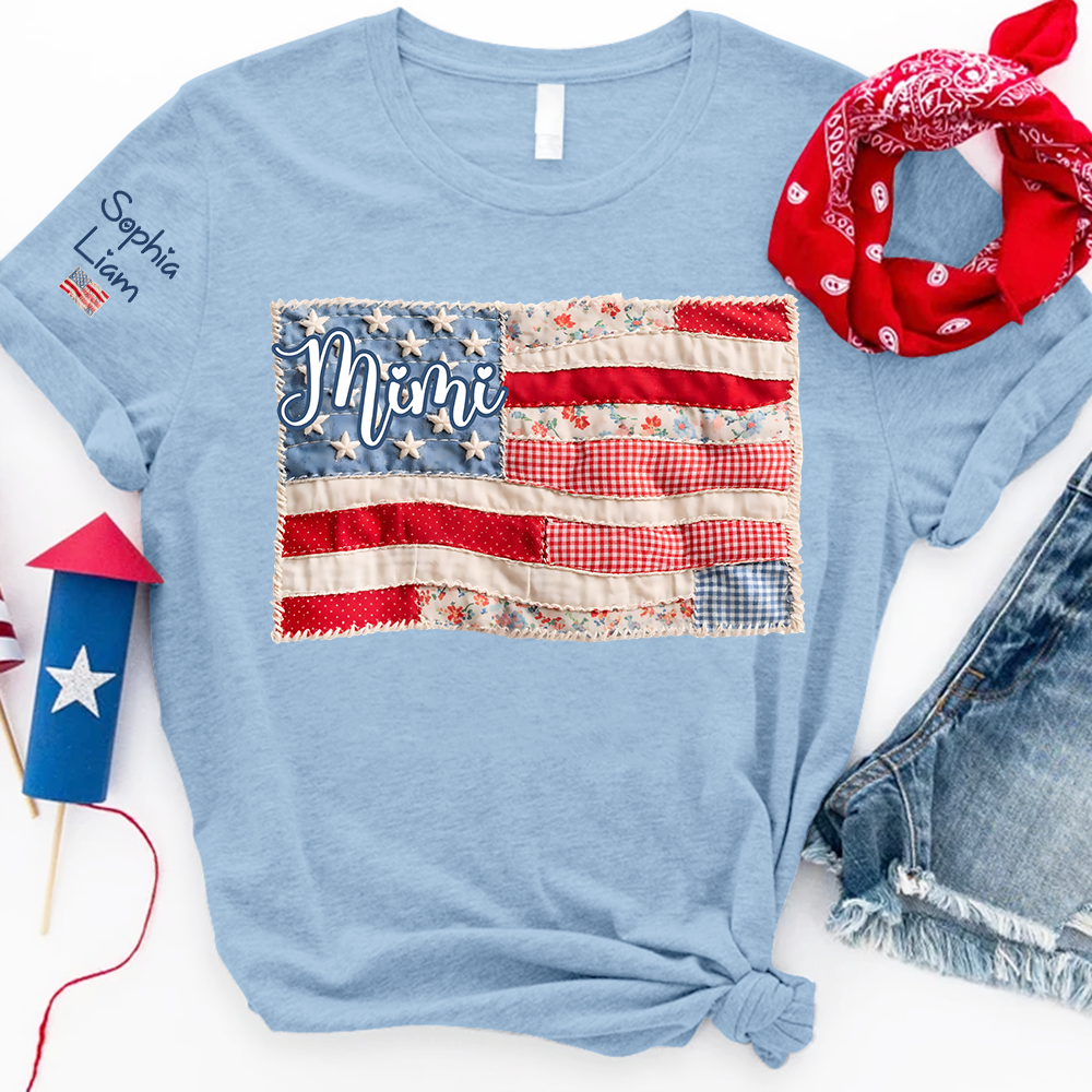 Mimi Shirt with Kids Names Patriotic Patchwork American Flag Design Custom Family Tee