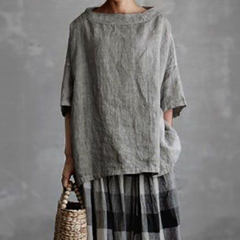 (S-5XL) Plain cotton and linen, loose-fitting T-shirt in large sizes