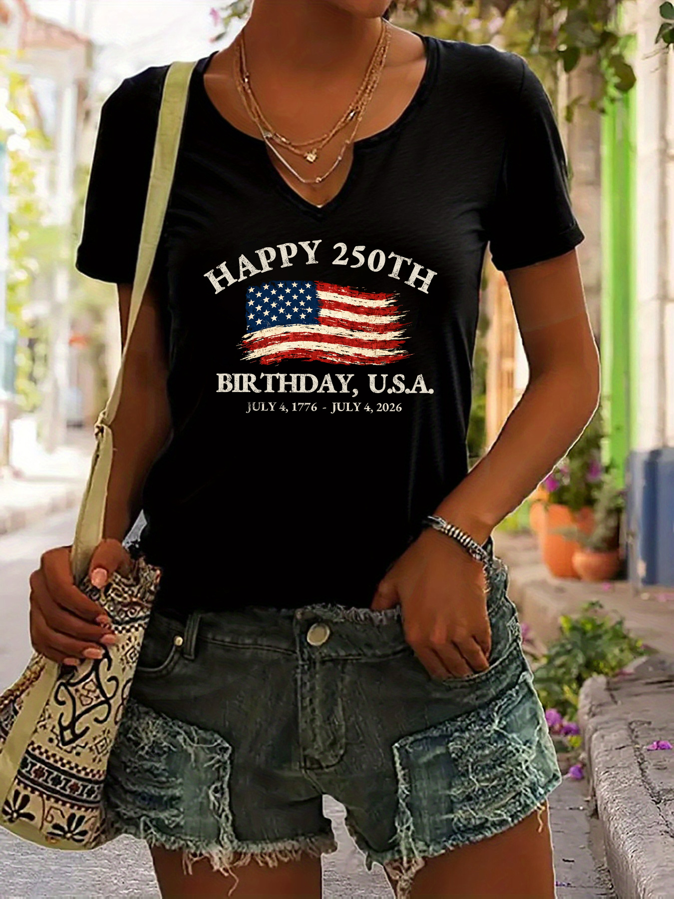 USA 250th Birthday V-Neck T-Shirt – "Happy 250th Birthday, U.S.A." with Distressed American Flag Print, Casual Green Short Sleeve Top