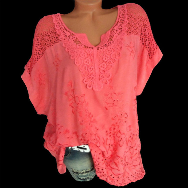 (S-6XL) Women's lace V-neck embroidered short sleeve Batwing