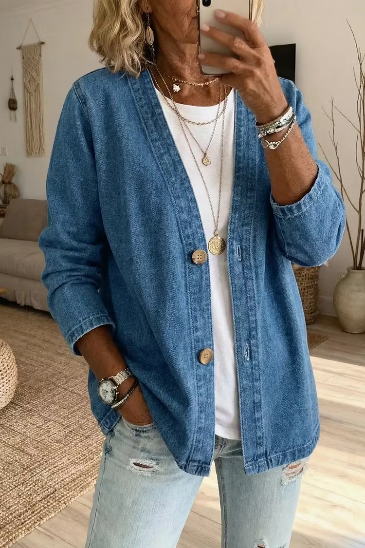 Women V Neck Long Sleeve Denim Cardigan Jacket With Pockets