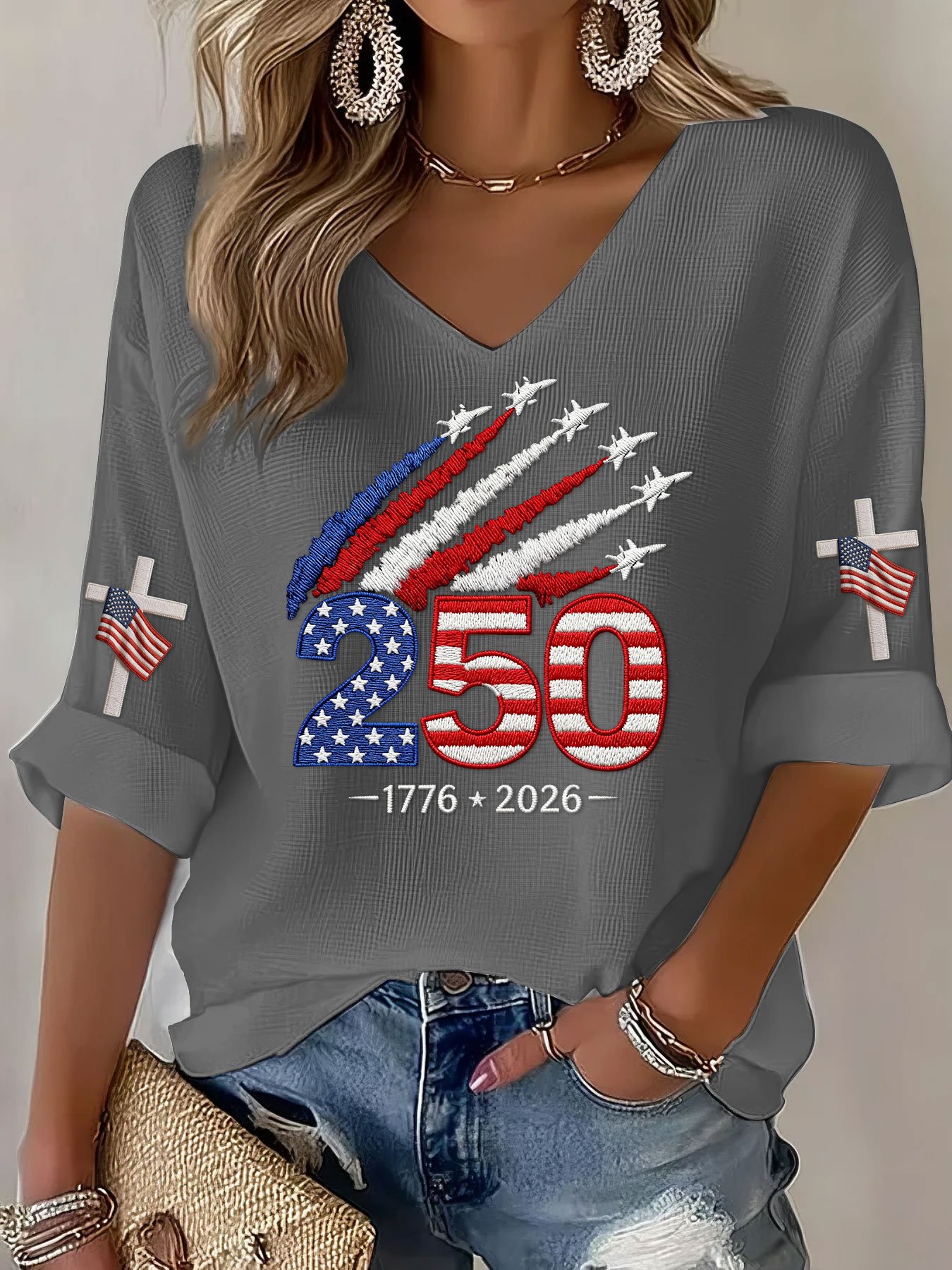 Women's USA 250th Anniversary Patriotic T-Shirt, 1776-2026 Flag Print Tee