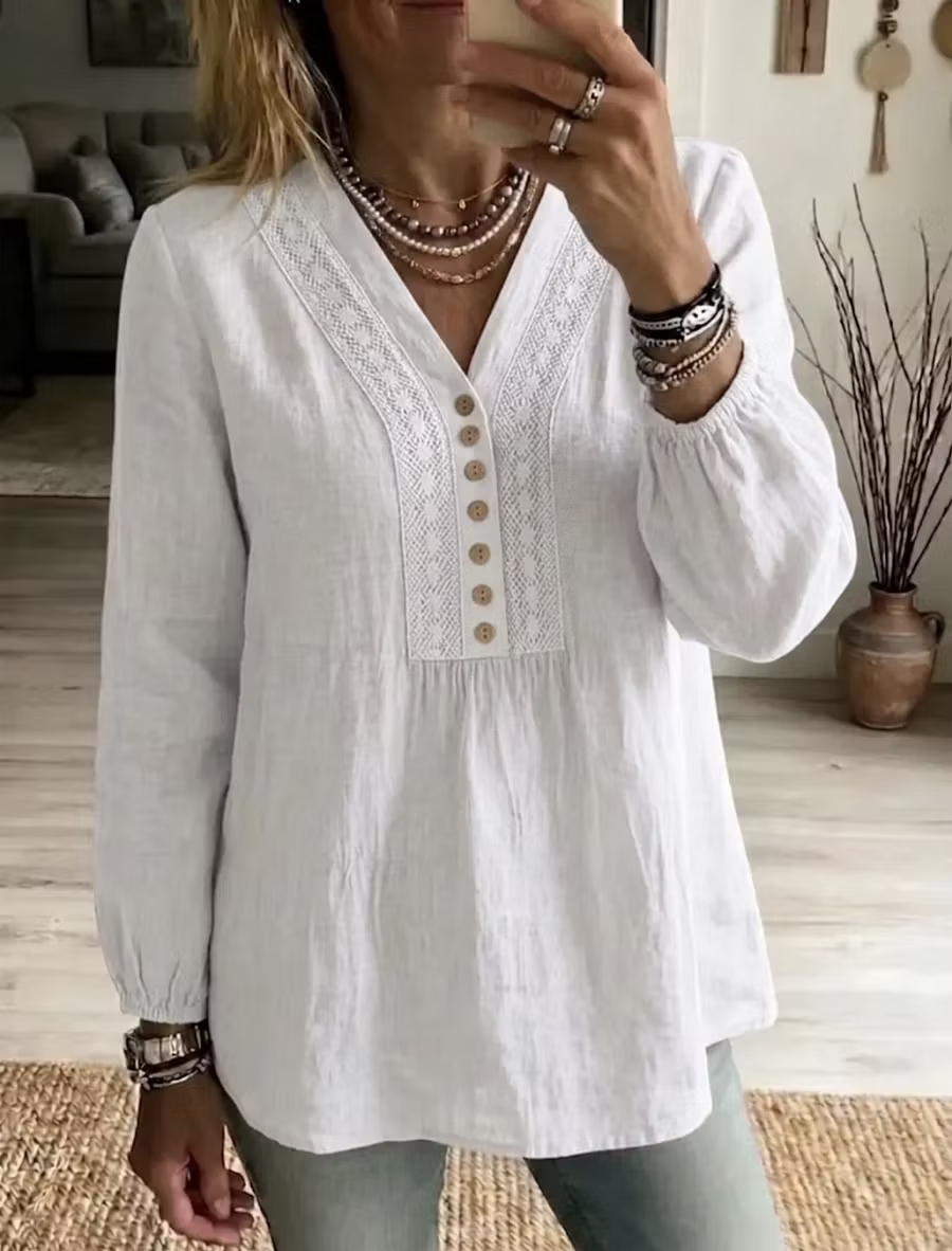 Women Breathable Linen Look Casual Tunic Top, V-Neck Crochet Lace Button Detail Puff Sleeve Blouse for Office Beach Daily Wear