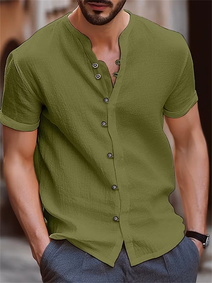Mandarin Collar Loose Fit Breathable Short Sleeve Summer Shirt for Men