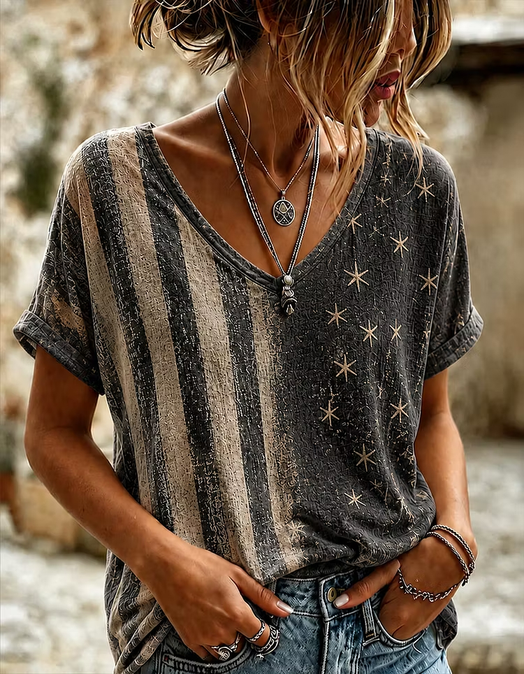 Retro Distressed Textured Patriotic Star Stripes Loose Fit Ladies Summer Top