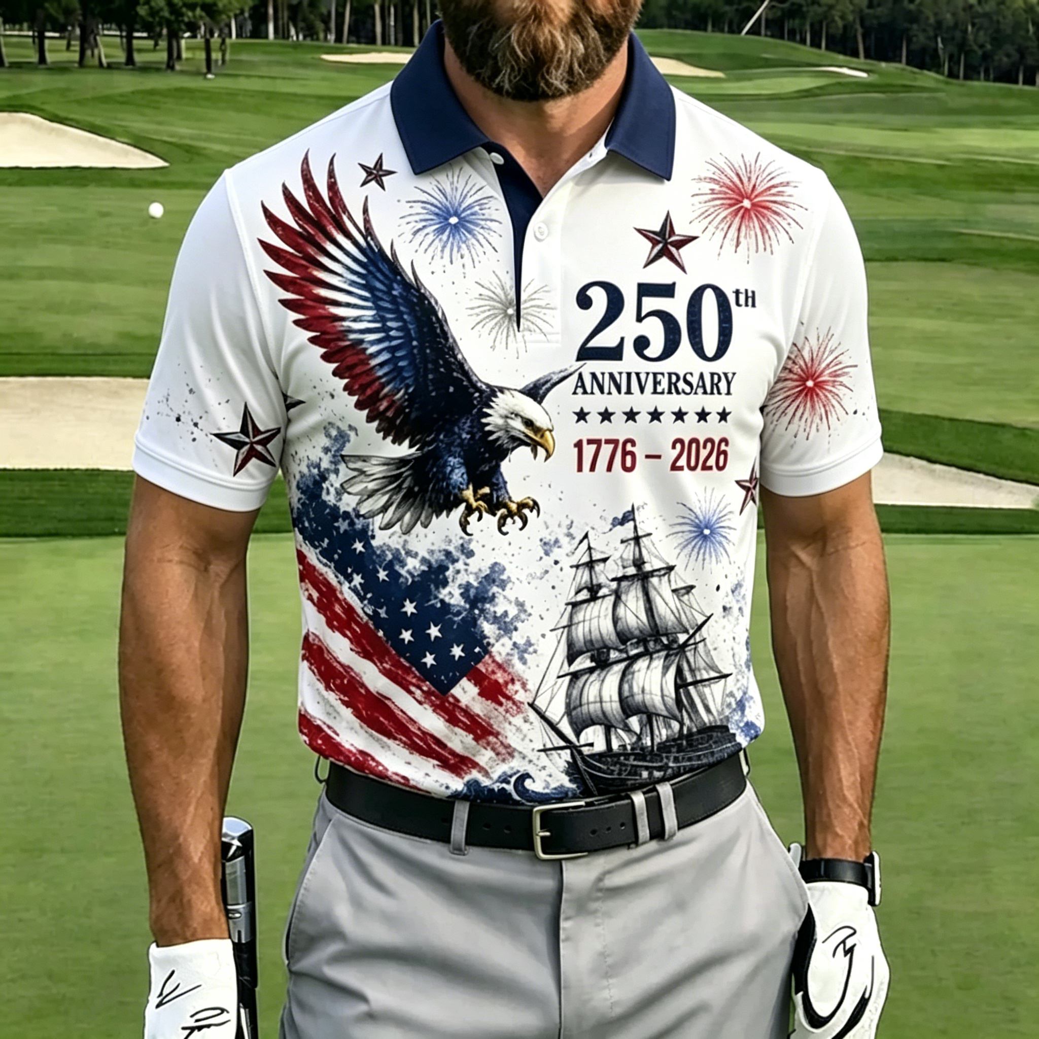 Vintage Eagle Sailing Ship Firework Flag Print Contrast Collar Golf Polo Shirt for Men