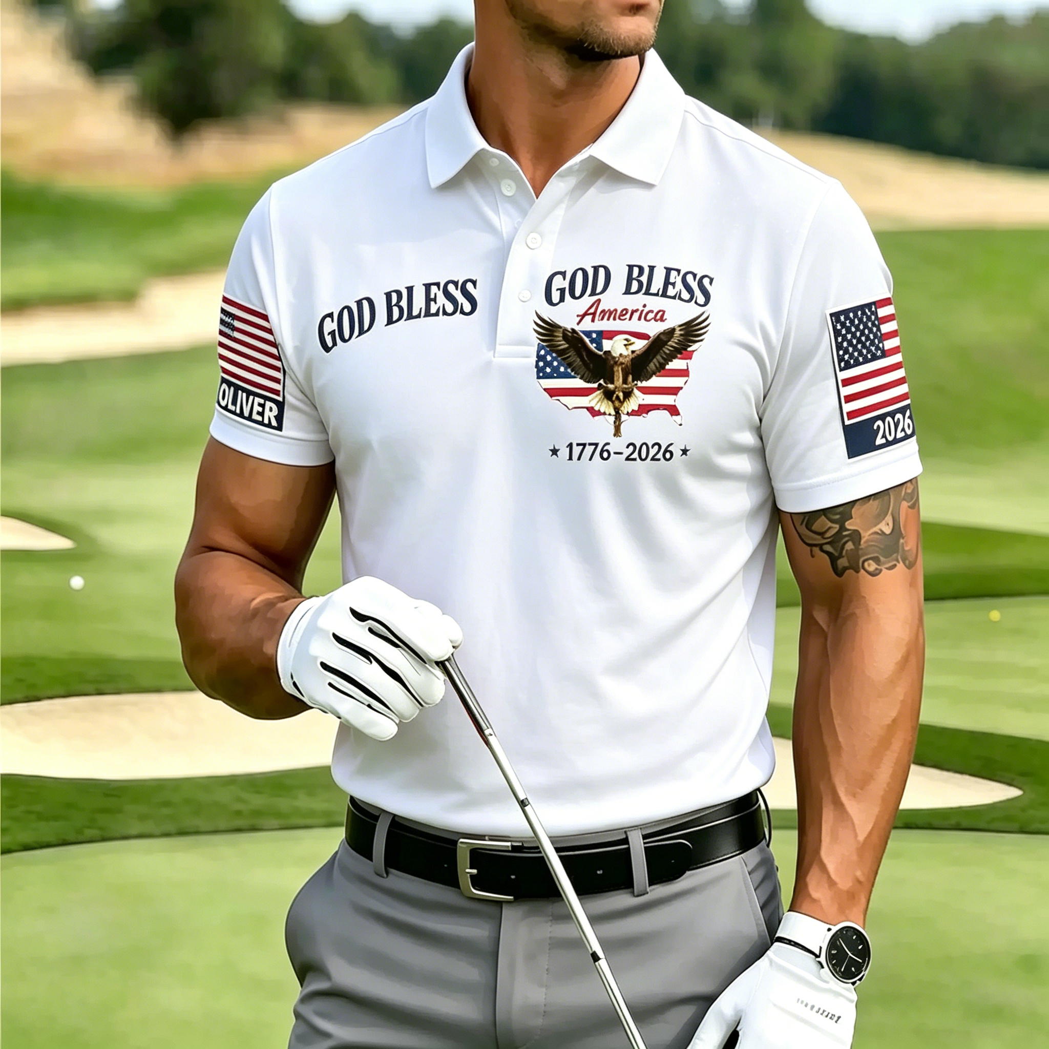Men's God Bless America Eagle USA Flag 1776-2026 Patriotic Short Sleeve Polo Shirt