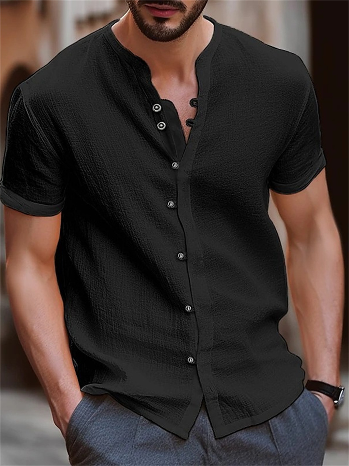 Mandarin Collar Loose Fit Breathable Short Sleeve Summer Shirt for Men