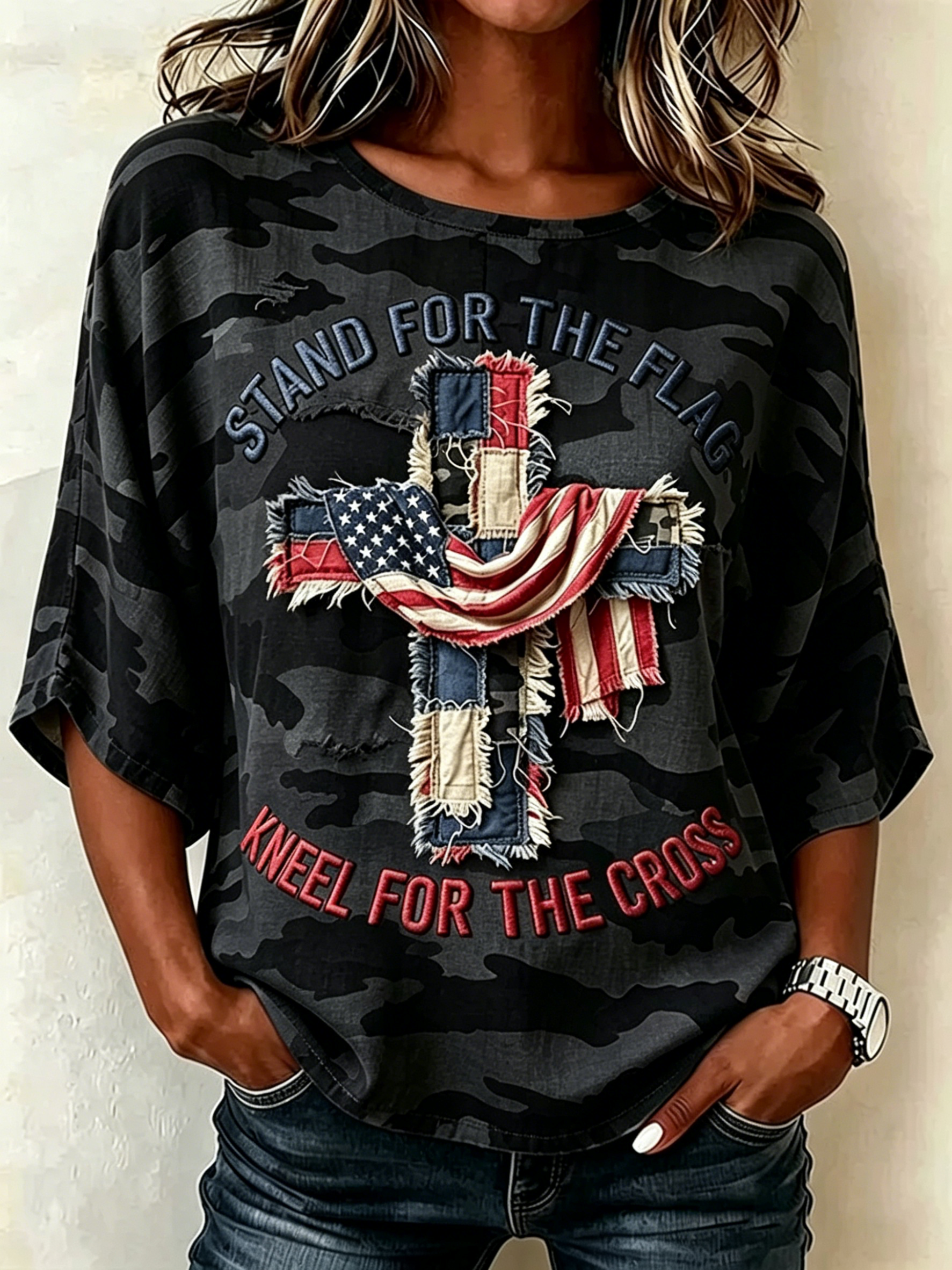 Stand For The Flag Kneel For The Cross Camo T-Shirt USA Flag Cross Graphic Tee