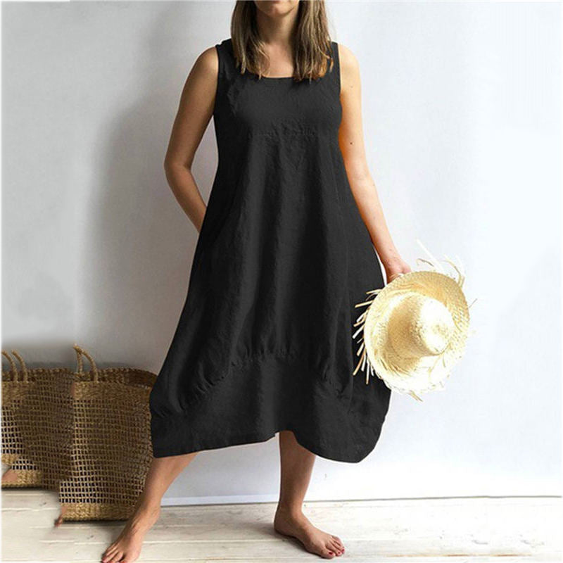 (S-5XL) Women's sleeveless dresses made of solid cotton and linen