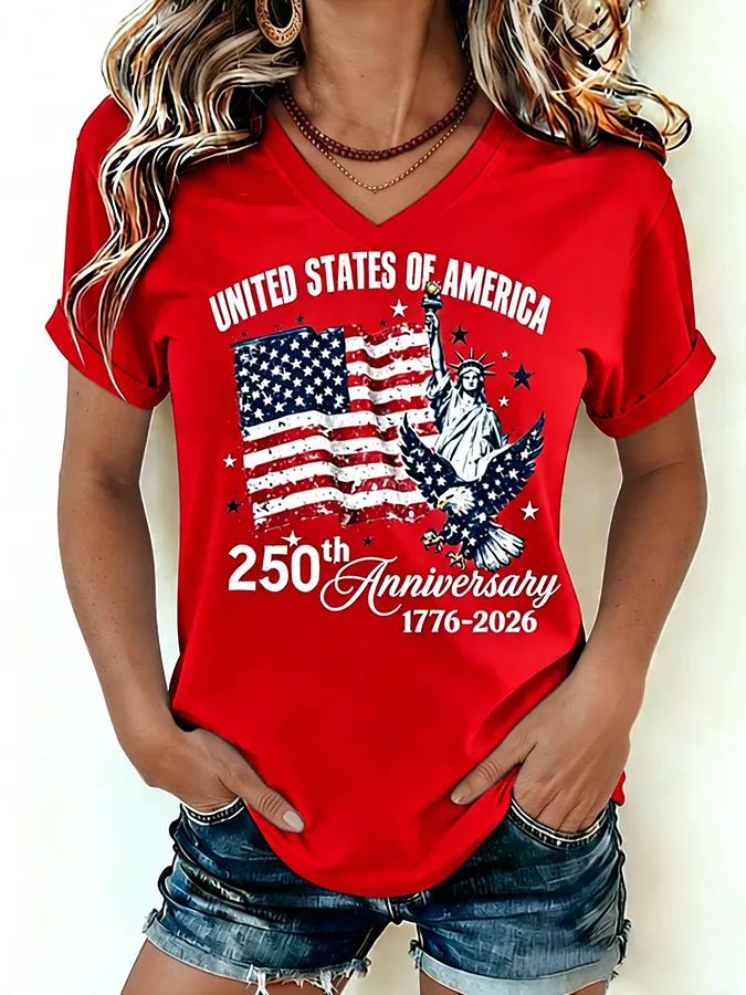 250th Anniversary Patriotic Printed Casual Ladies Short Sleeve Tee