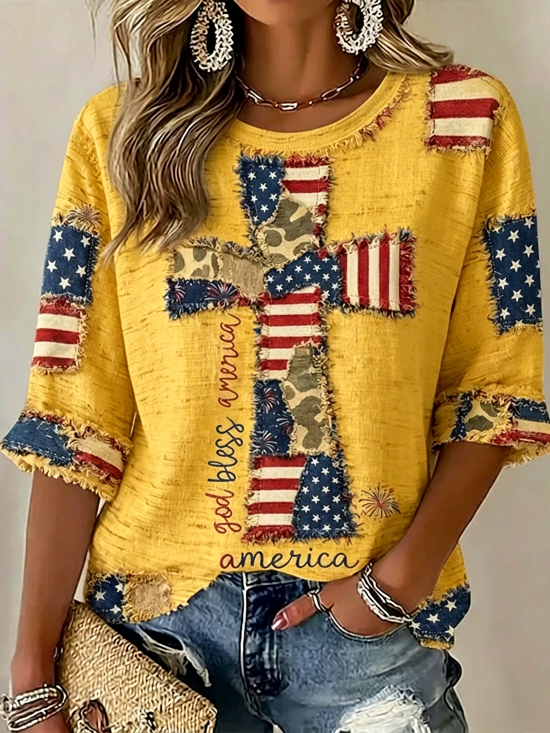 Cross USA Flag Patch Fringe God Bless America Print 3/4 Sleeve Tee