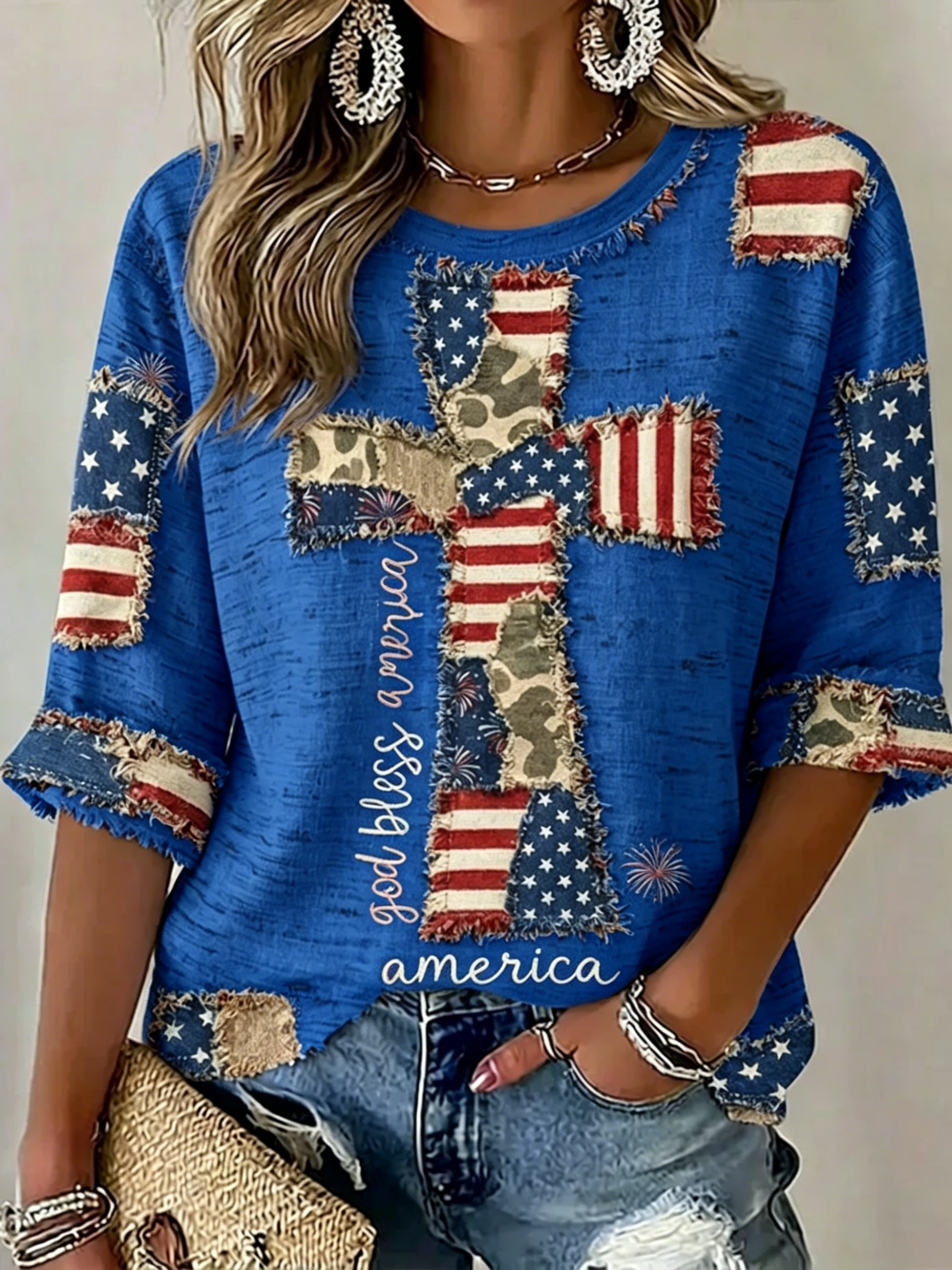 Cross USA Flag Patch Fringe God Bless America Print 3/4 Sleeve Tee