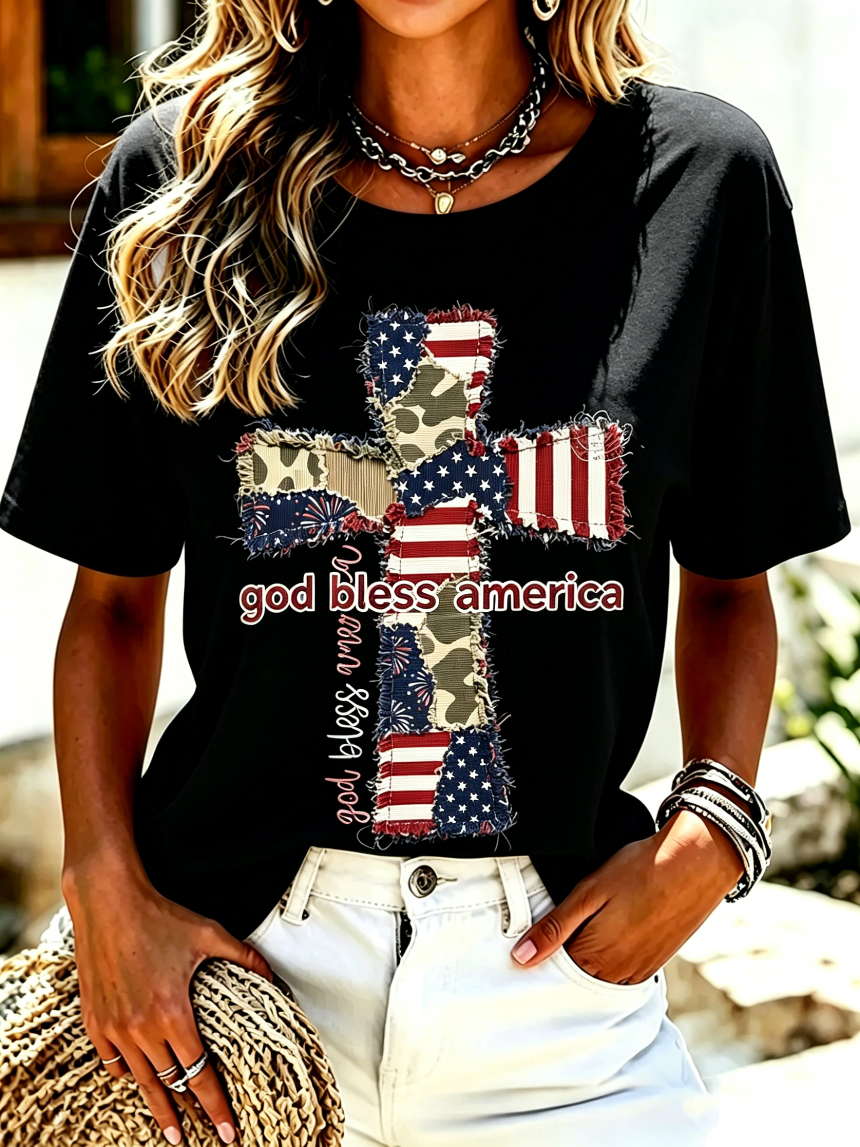 Vintage Frayed Fringe Cross USA Flag Camo Patch God Bless America Print Crew Neck Patriotic Casual Short Sleeve T-Shirt