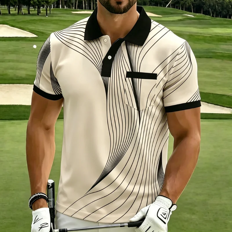 Abstract Line Print Pocket Collared Short Sleeve Golf Polo Shirt for Men
