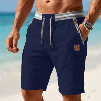 Men’s Striped Trim Elastic Drawstring Waist Side Stripe Leather Patch Linen Beach Shorts