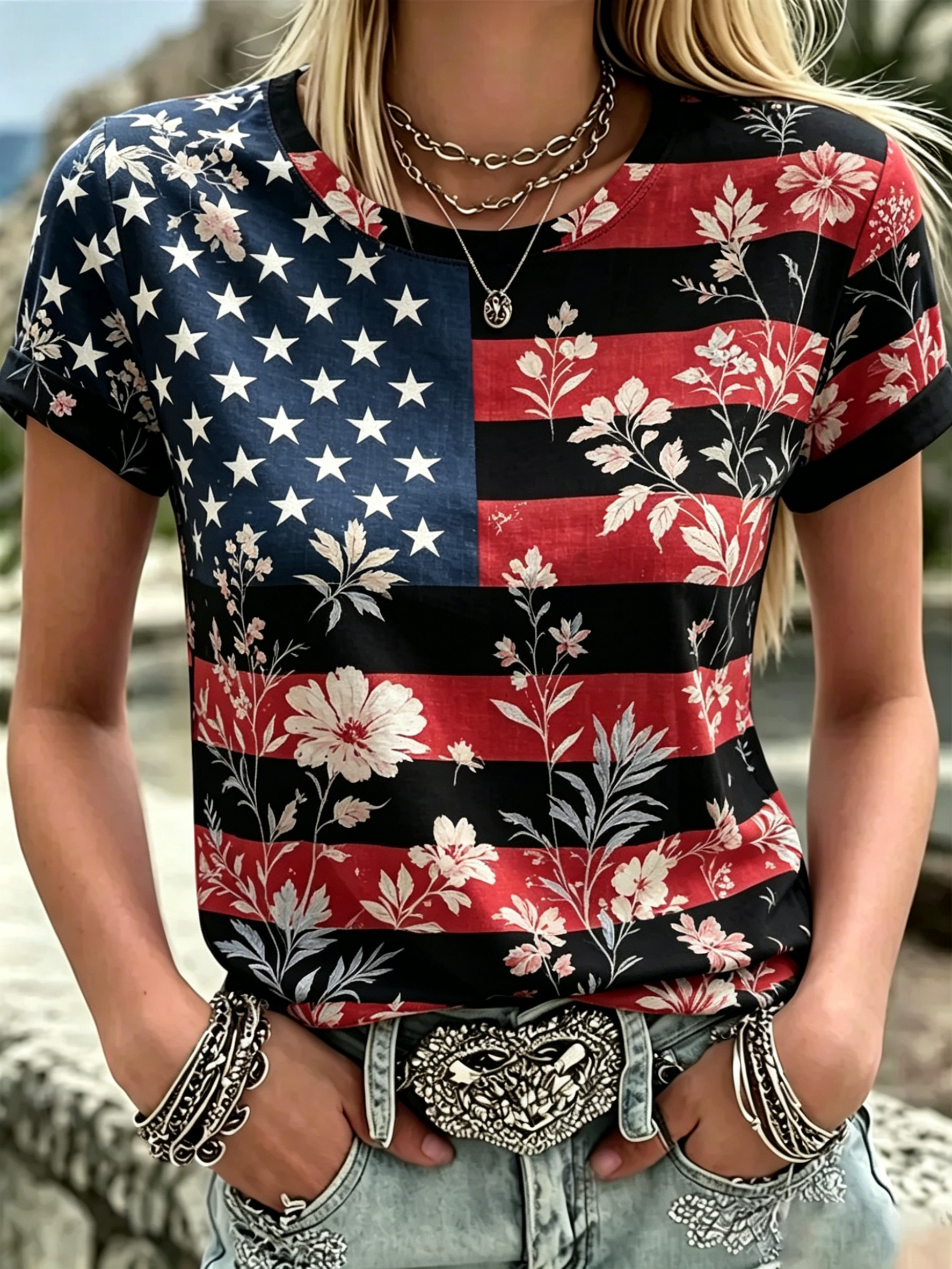 Floral USA Flag Print Roll Cuff Crew Neck T-Shirt for Women