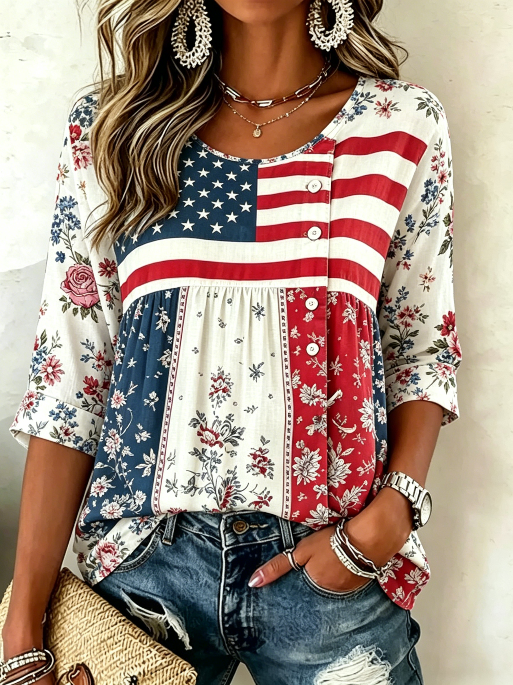 Patchwork Mixed Patriotic Print Half Button 3/4 Sleeve Blouse for Women