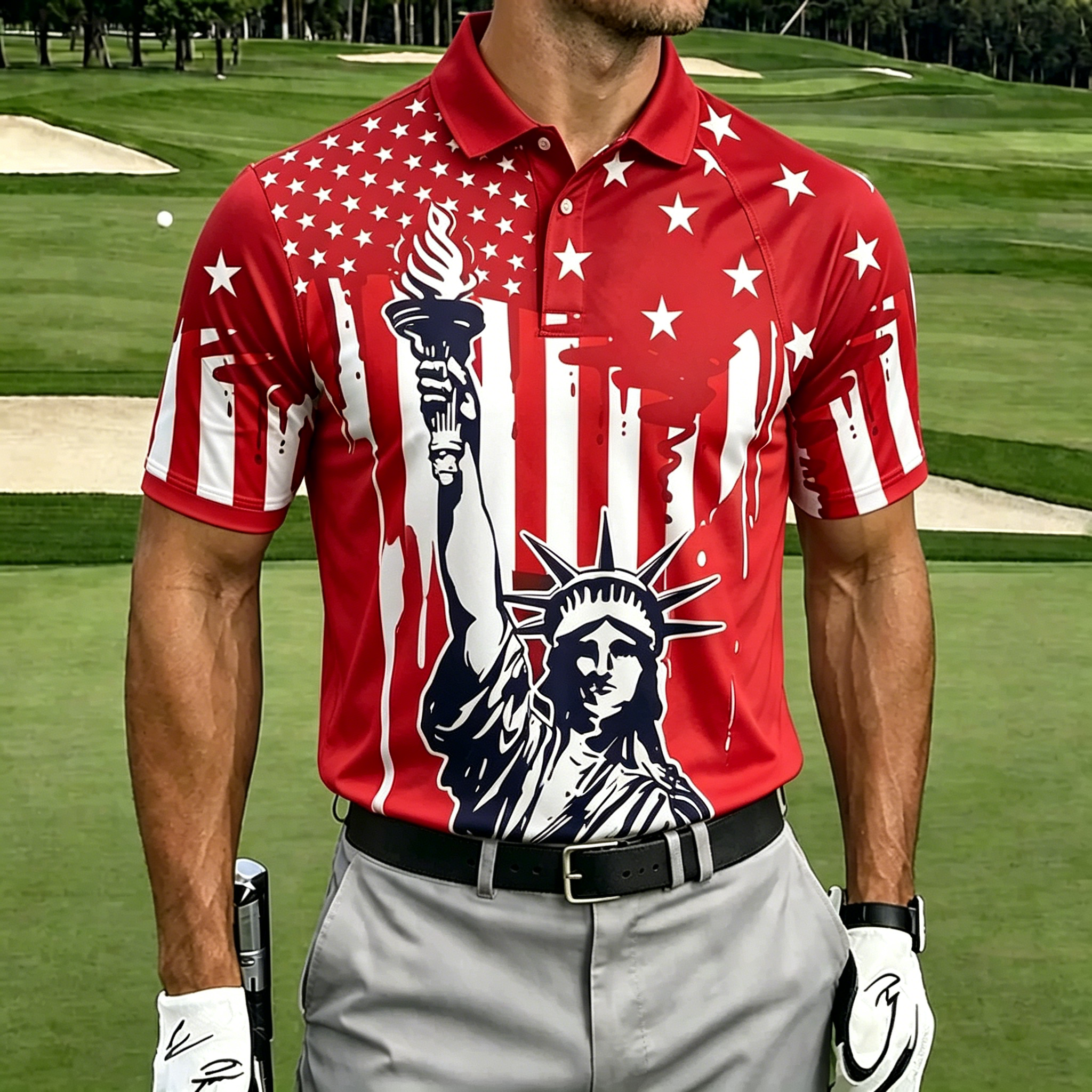 Drip Art Statue Liberty Flag Print Contrast Collar Golf Polo Shirt for Men