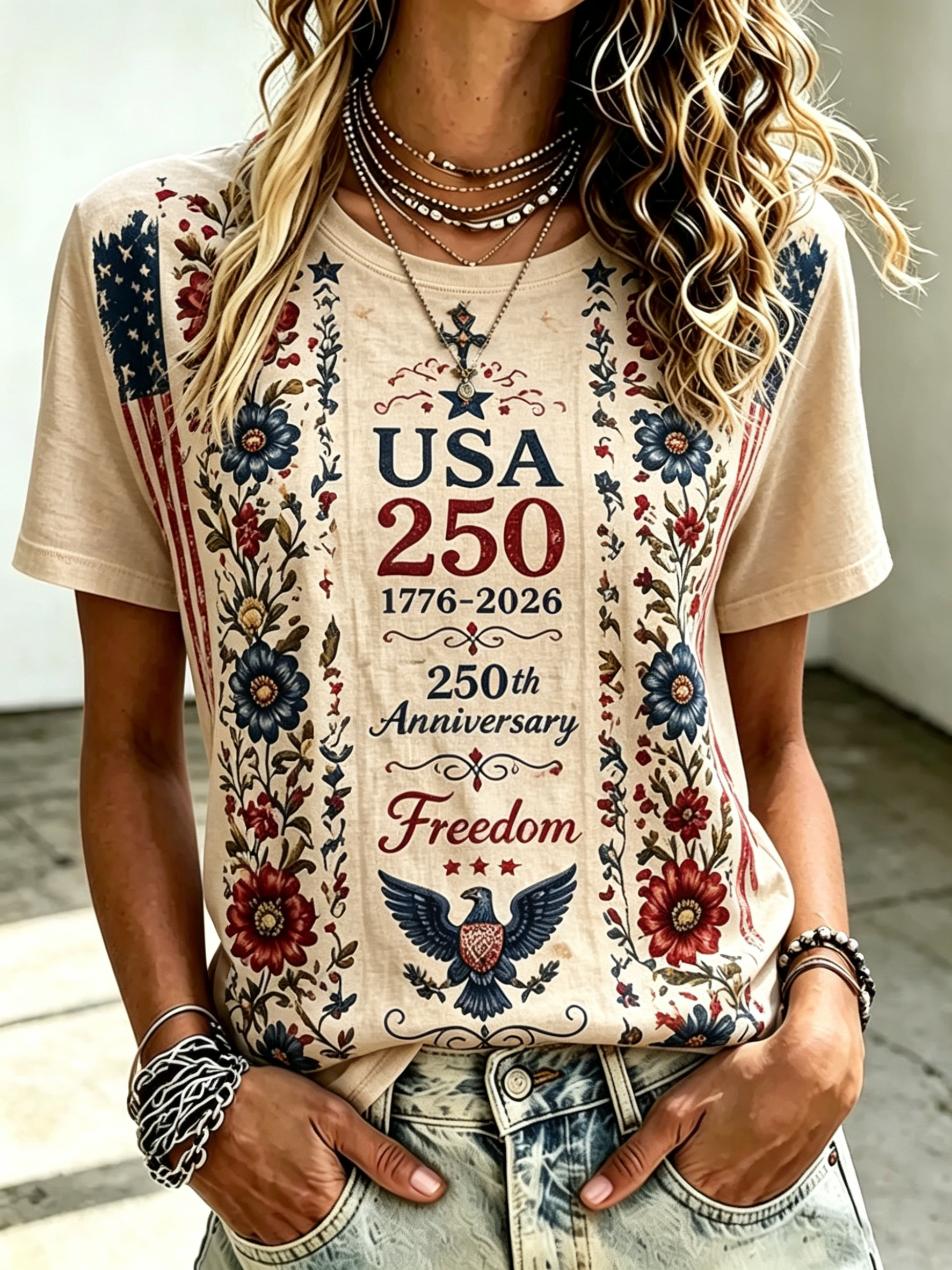 Women’s Retro Floral Vine Vertical Star Flag Eagle Heart Shield Print Crew Neck Short Sleeve Casual Patriotic T-Shirt
