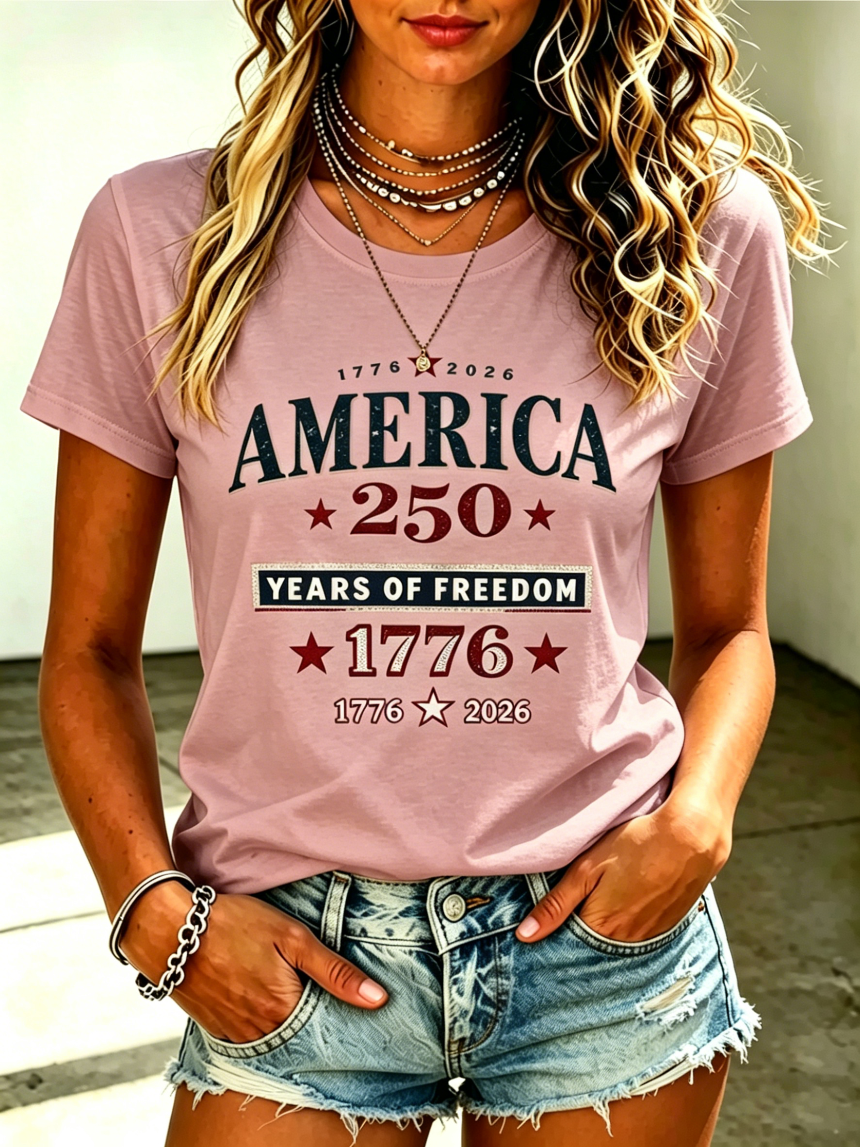 Retro Crackle America 250th Anniversary 1776-2026 Freedom Patriotic Star Print Crew Neck Loose Fit Women Oversized Casual Tee