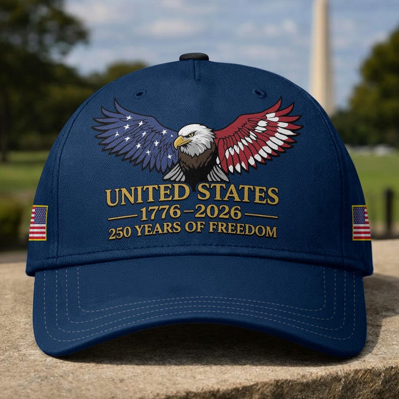 Bald Eagle US Flag 250 Years of Freedom Patriotic Adjustable Navy Cotton Baseball Cap