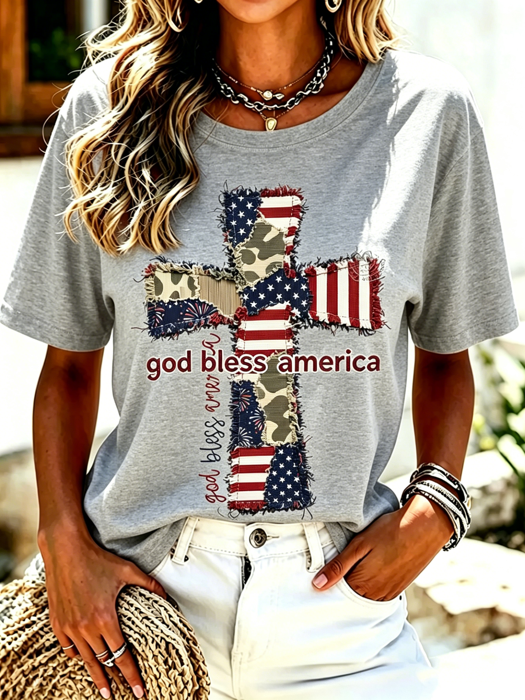 Vintage Frayed Fringe Cross USA Flag Camo Patch God Bless America Print Crew Neck Patriotic Casual Short Sleeve T-Shirt