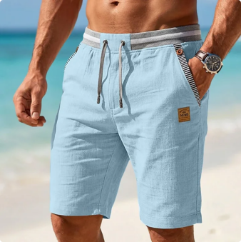 Men’s Striped Trim Elastic Drawstring Waist Side Stripe Leather Patch Linen Beach Shorts